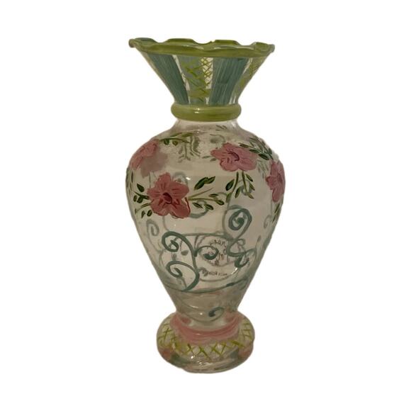 Vintage Tracy Porter Hand-Painted Glass Bud Vase Pink Floral Ruffled Rim 6.5” - Picture 6 of 9